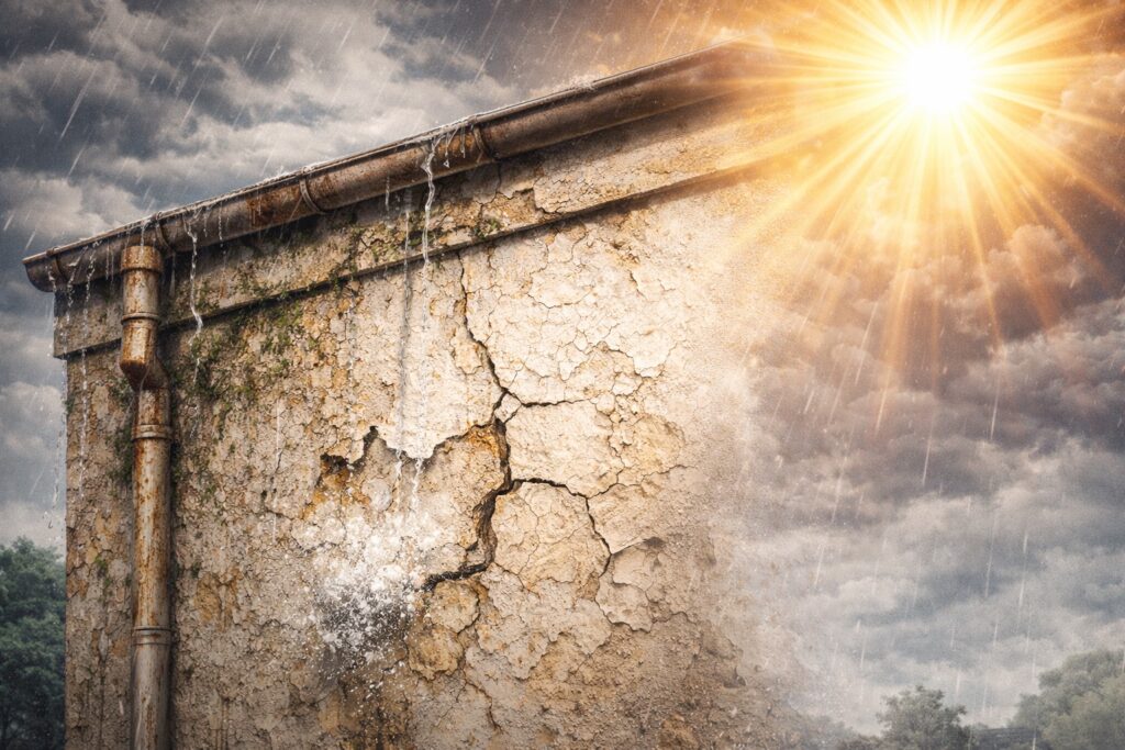 紫外線や雨風にさらされた外壁が劣化している様子のイラスト。