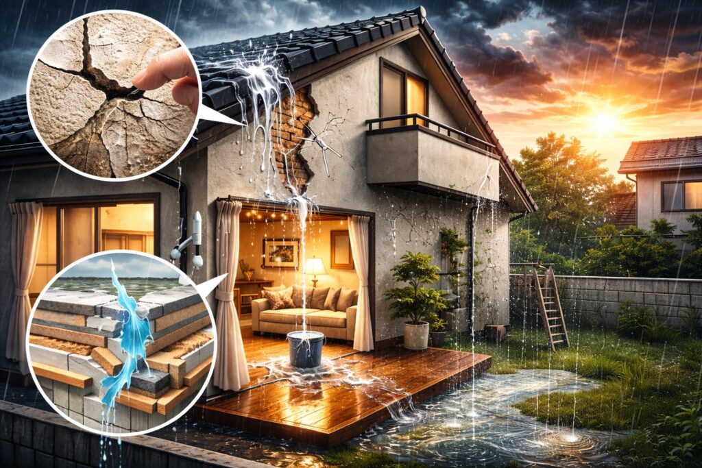 外壁のひび割れから雨水が侵入し、室内に水漏れが発生している住宅のイメージイラスト。