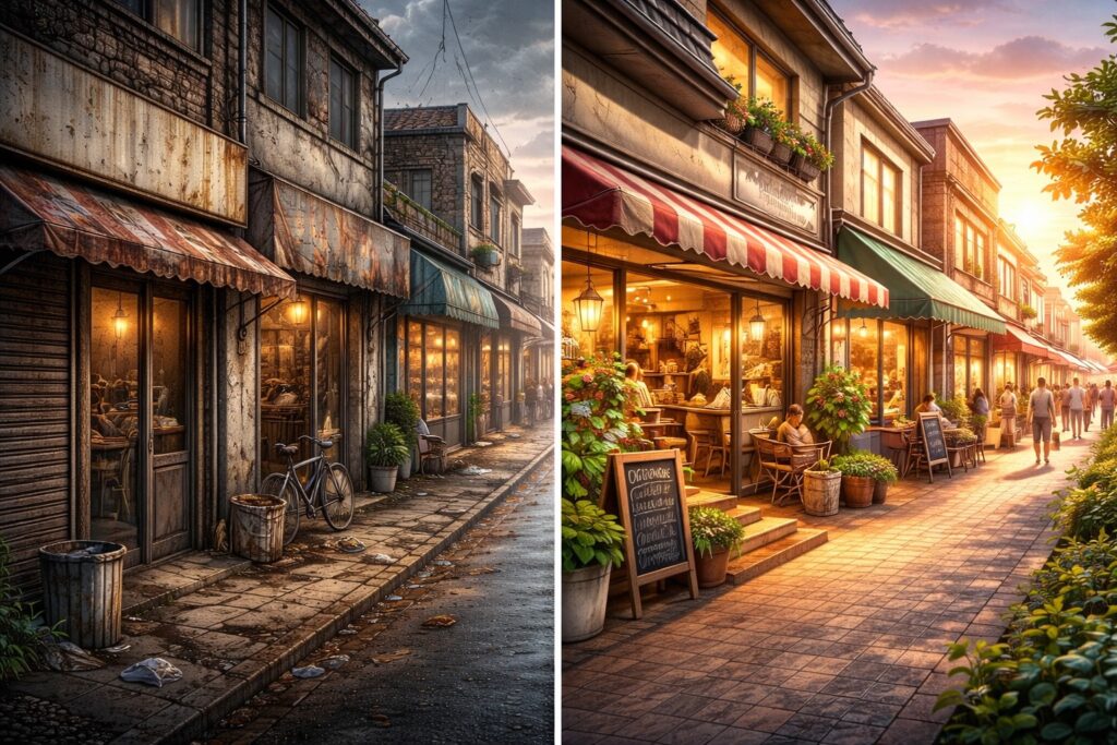 外壁が劣化した商店街と整備された商店街を対比したイラスト。