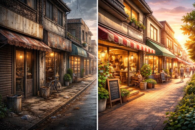 外壁が劣化した商店街と整備された商店街を対比したイラスト。