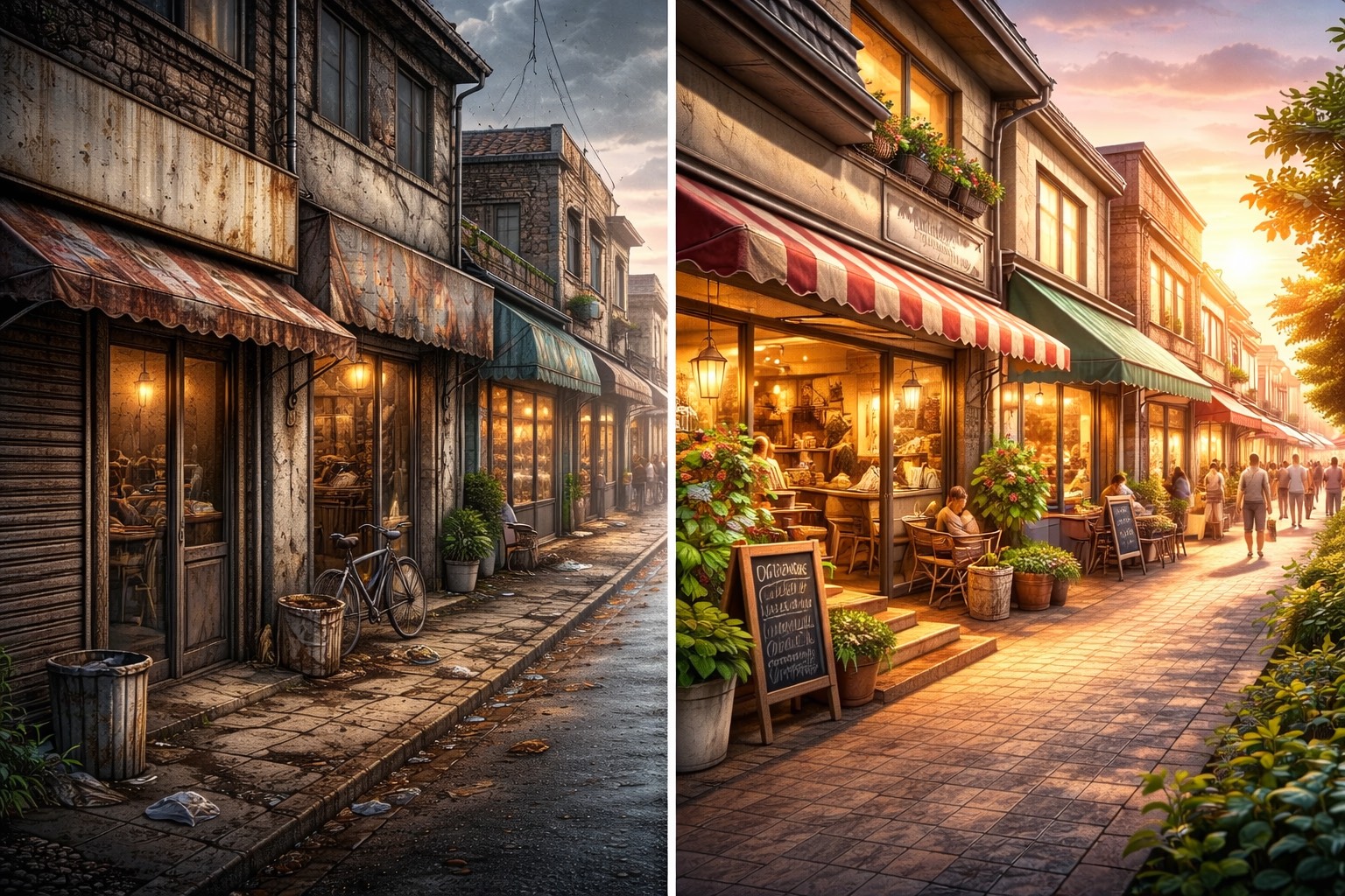 外壁が劣化した商店街と整備された商店街を対比したイラスト。