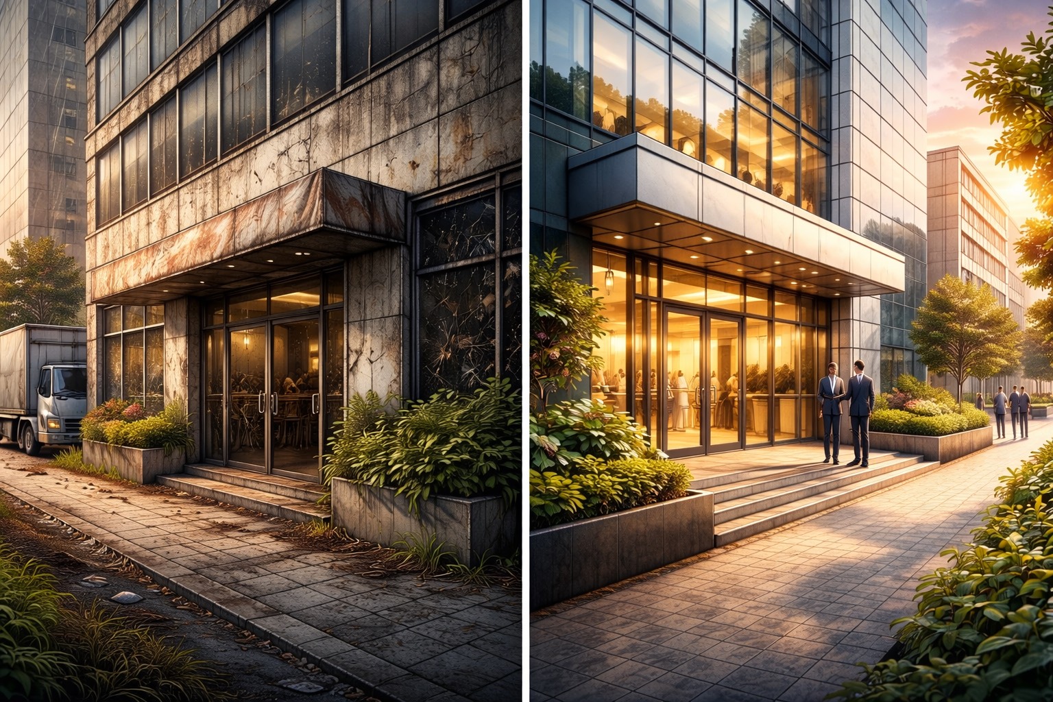 外壁が劣化した商業ビルと整備されたビルを比較したイラスト。