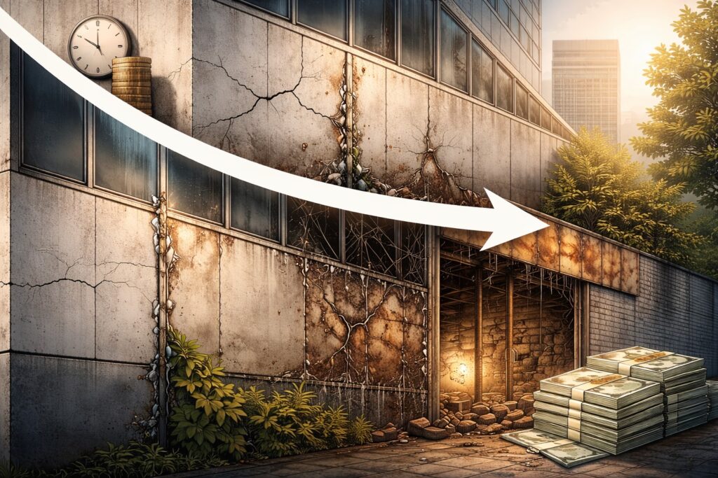 劣化した外壁と補修費が増加する様子を対比したイラスト。