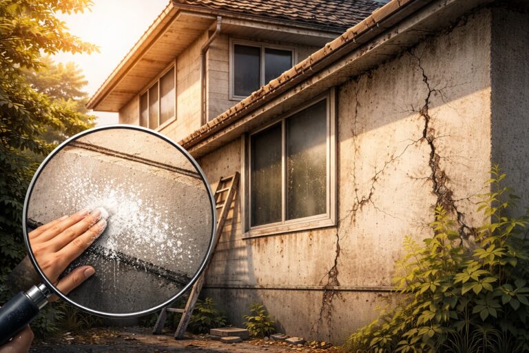 築年数が進んだ住宅の外壁にチョーキングやひび割れが見られる様子を示すイラスト。