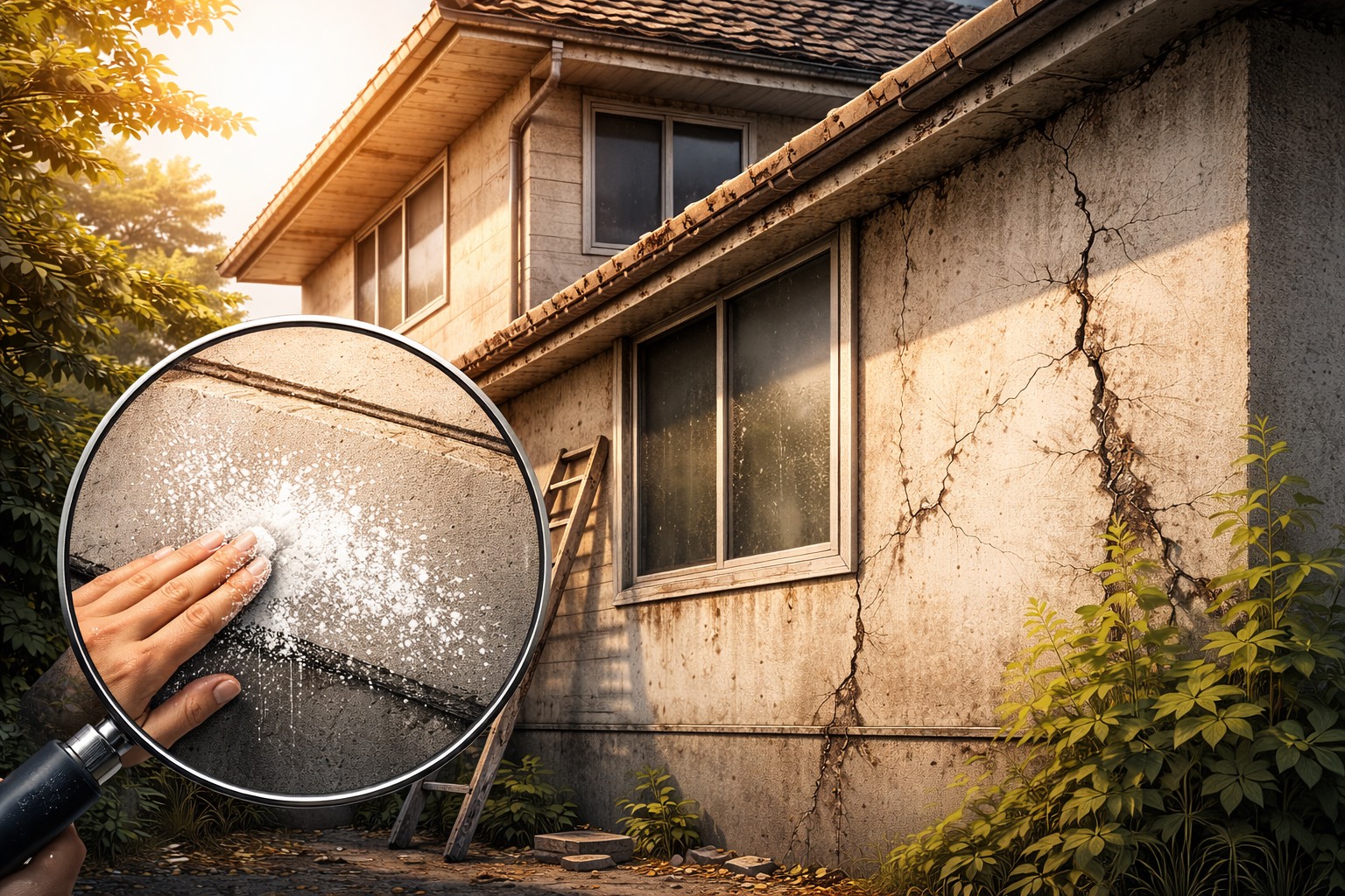 築年数が進んだ住宅の外壁にチョーキングやひび割れが見られる様子を示すイラスト。