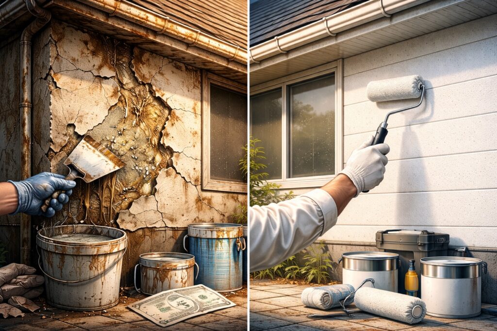 劣化して剥がれた外壁と、丁寧に塗装された外壁を比較したイラスト。