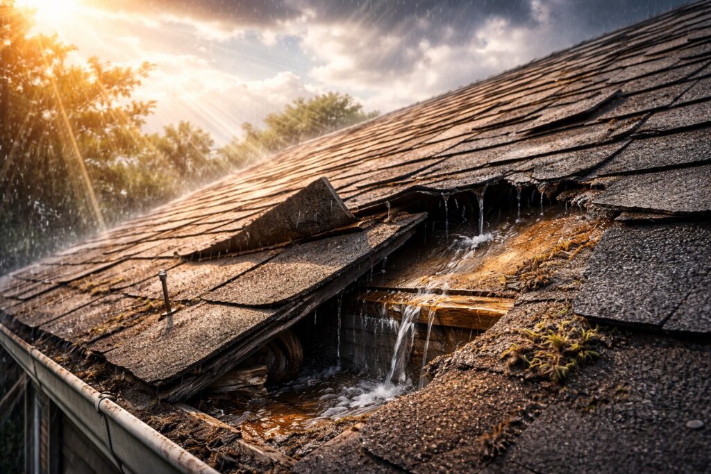 紫外線や雨風にさらされ劣化が進む屋根をクローズアップしたイラスト。