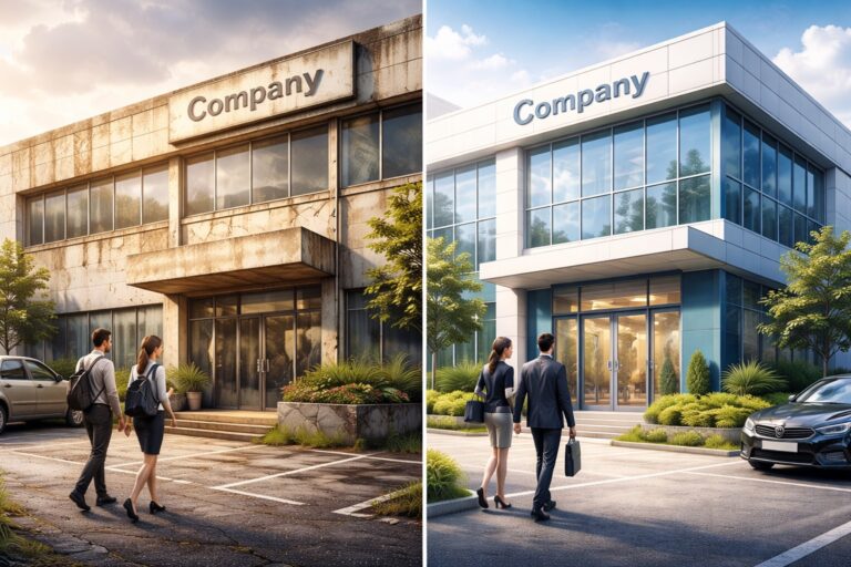 清潔感のある外観の企業建物と、劣化した外観を対比したイメージ。