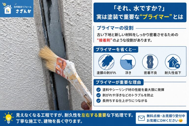 外壁コーキング工事でプライマーを塗布している施工風景