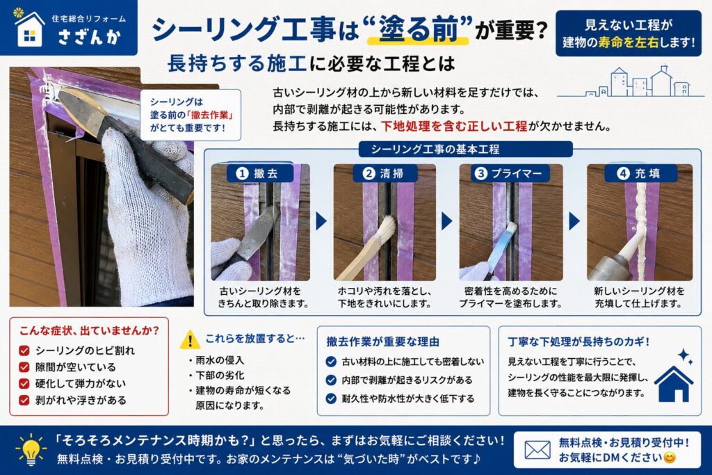 外壁シーリング工事で古いコーキングを撤去している作業風景
