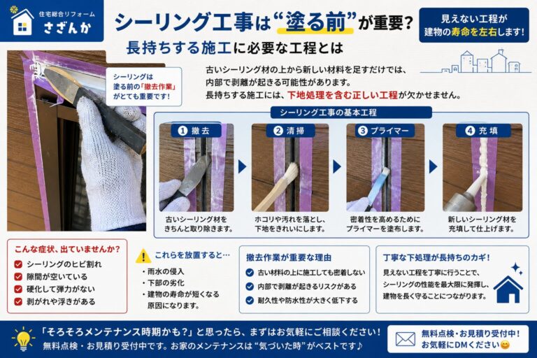 外壁シーリング工事で古いコーキングを撤去している作業風景