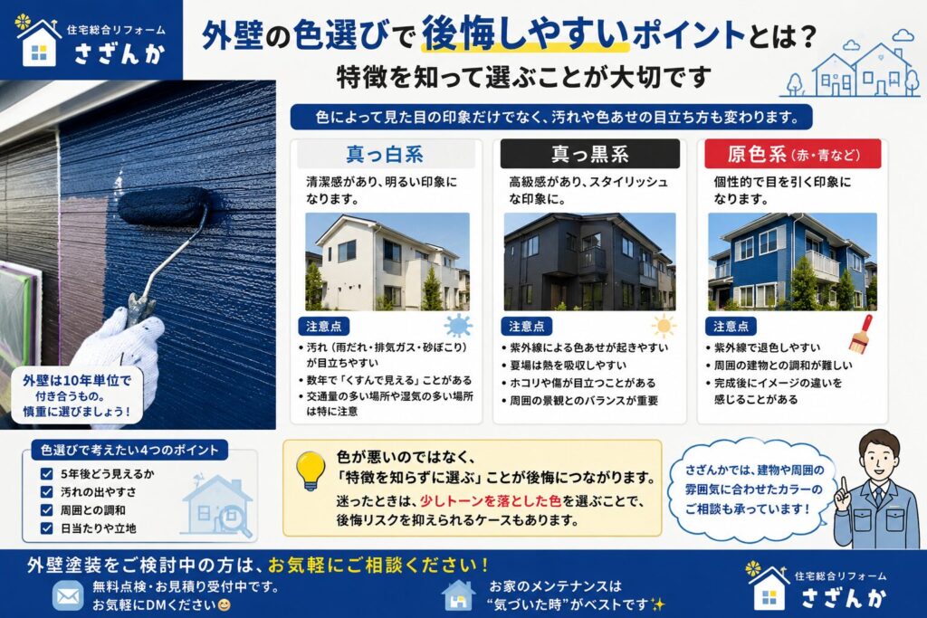 ネイビー系の外壁塗装を施工している様子と、外壁色選びで後悔しやすいポイントを紹介している画像