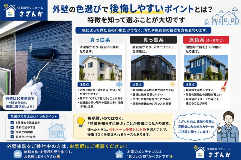 ネイビー系の外壁塗装を施工している様子と、外壁色選びで後悔しやすいポイントを紹介している画像