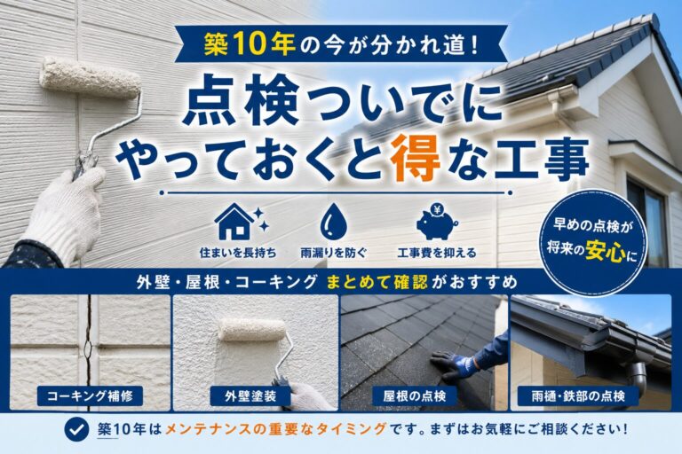 築10年を迎えた住宅の外壁点検。コーキング補修や外壁塗装、屋根・雨樋の点検タイミングを