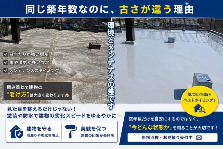 同じ築年数でもメンテナンス状況によって劣化状態が異なる屋上防水の比較写真