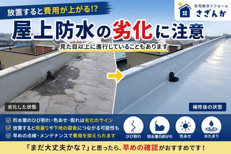劣化した屋上防水と補修後の状態を比較した住宅屋上の写真