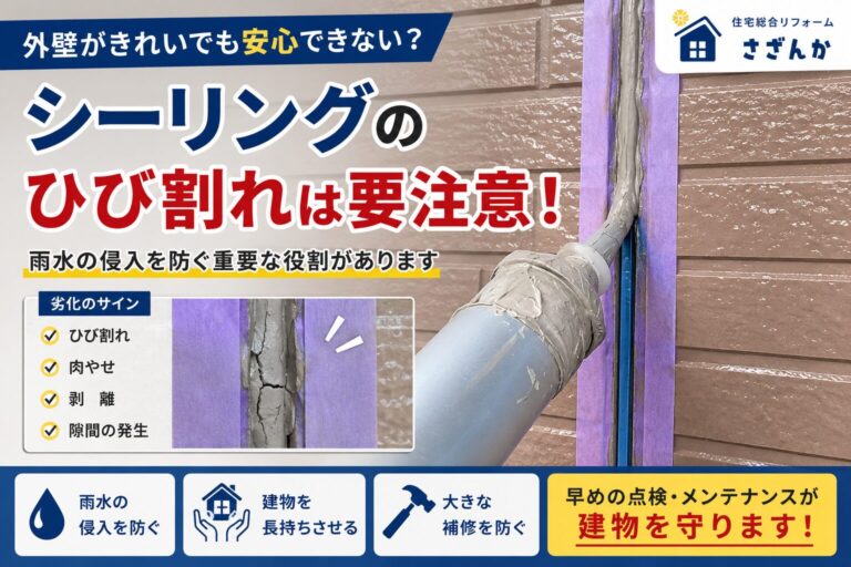 外壁シーリングのひび割れとコーキング施工の様子を撮影した写真