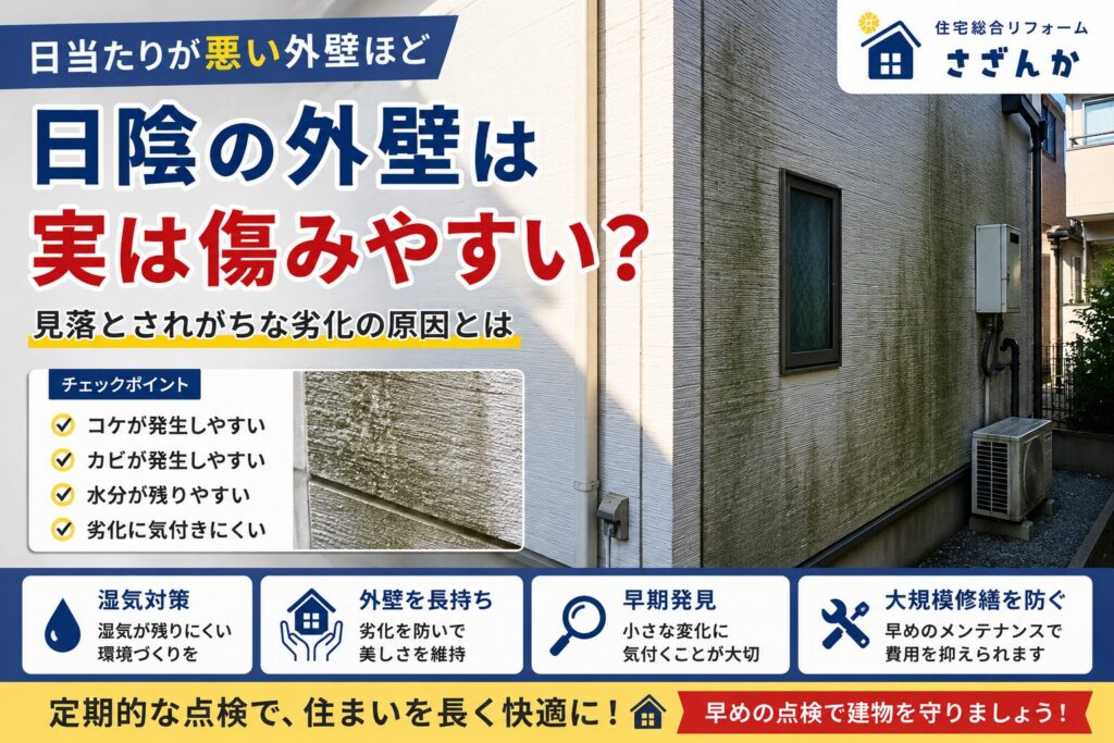 日陰になりやすい住宅外壁で発生したコケや黒ずみなどの劣化症状