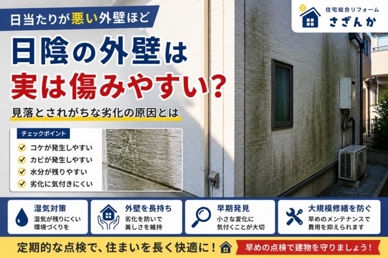 日陰になりやすい住宅外壁で発生したコケや黒ずみなどの劣化症状