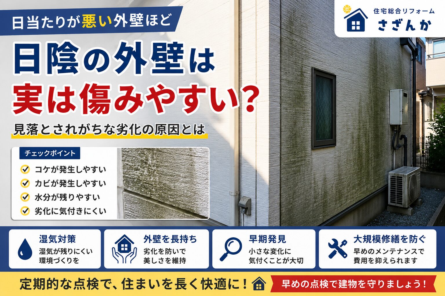 日陰になりやすい住宅外壁で発生したコケや黒ずみなどの劣化症状