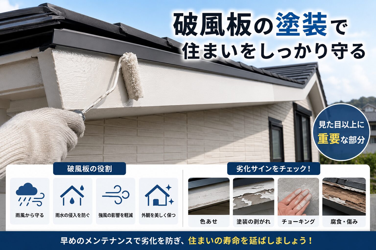 塗装された破風板と住宅外観のメンテナンス施工風景