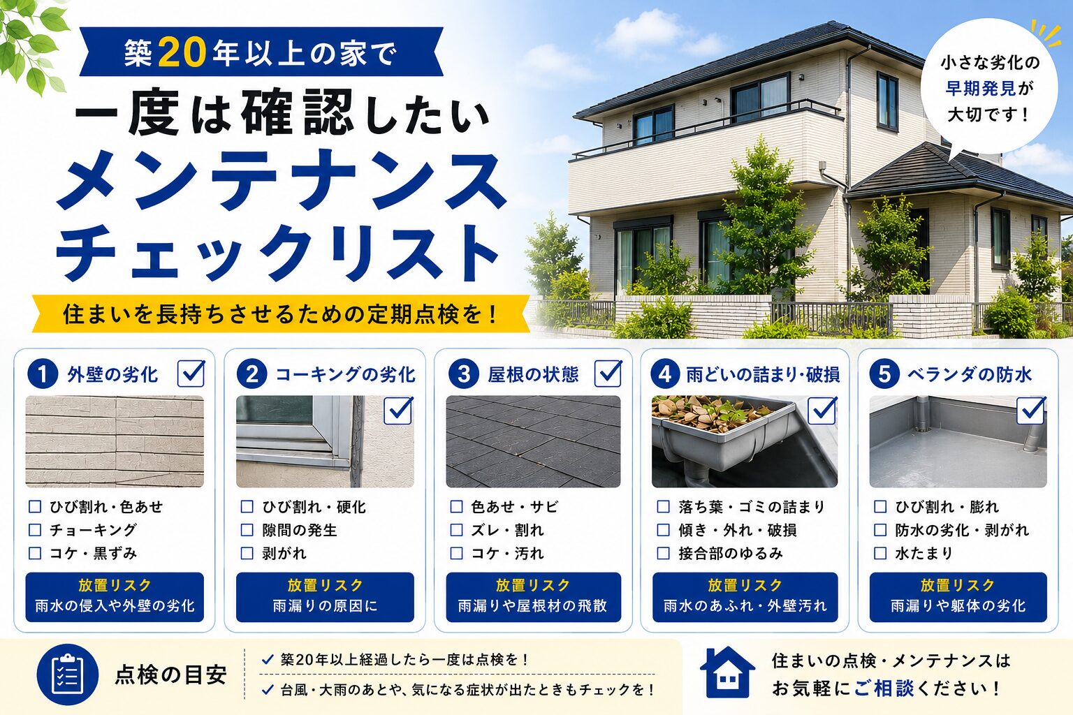 築20年以上の住宅で点検したい外壁・コーキング・屋根・雨どい・ベランダ防水のメンテナンスチェックリストを紹介したアイキャッチ画像