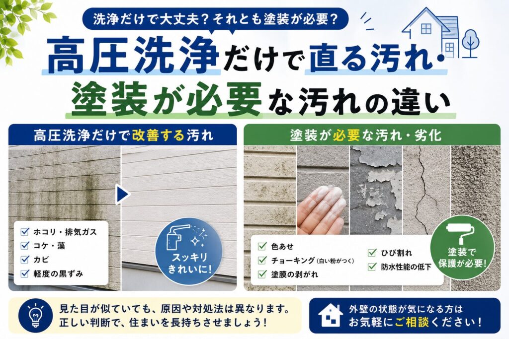 高圧洗浄と外壁塗装の違いを解説するイメージ