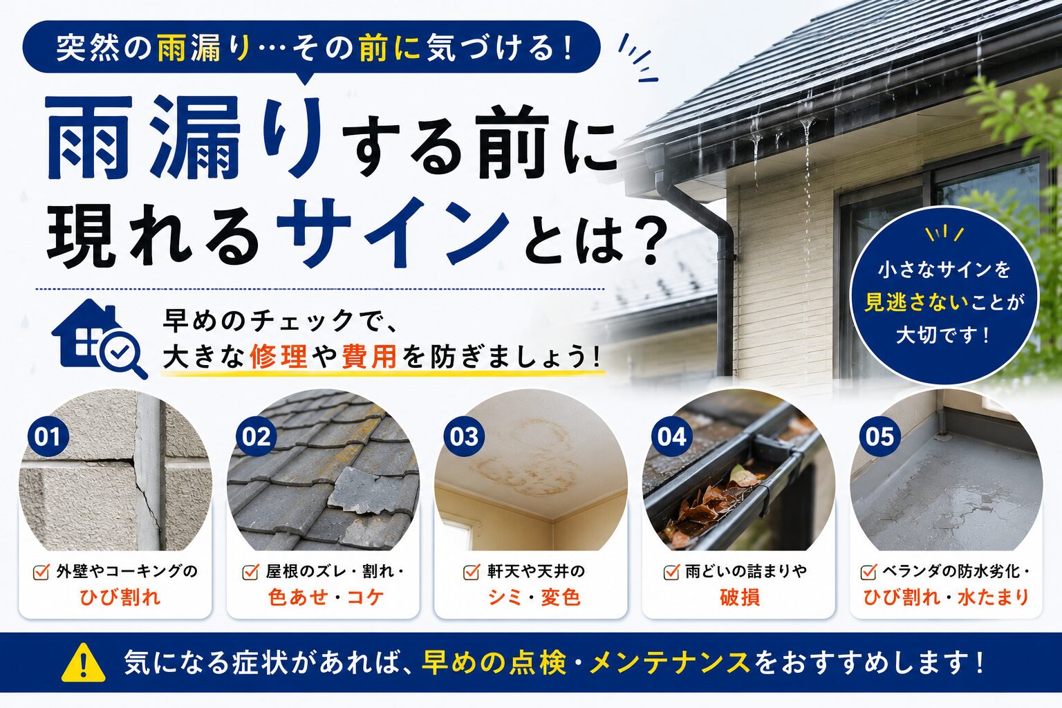 雨漏り前に現れるサインを紹介する住宅メンテナンスのアイキャッチ画像