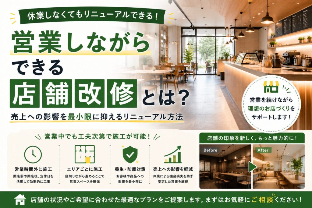 営業しながら進められる店舗改修のイメージ。営業時間への影響を抑えながら内装リニューアルを行う施工事例。