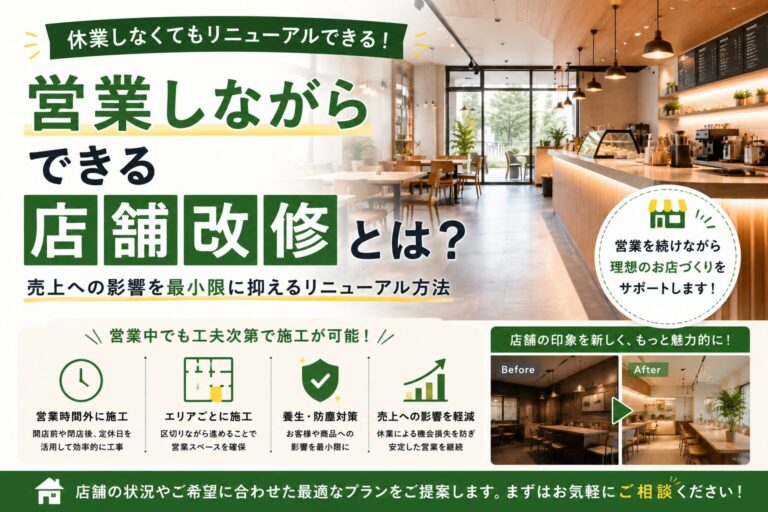 営業しながら進められる店舗改修のイメージ。営業時間への影響を抑えながら内装リニューアルを行う施工事例。