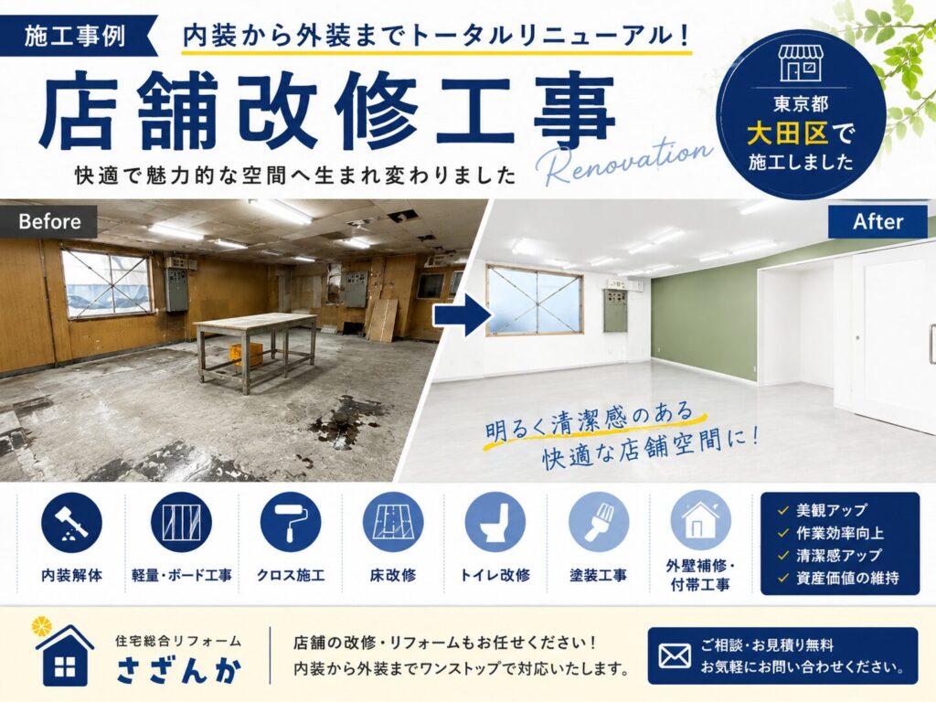 店舗改修工事。内装解体からクロス・床・天井・トイレ改修まで行った施工事例。