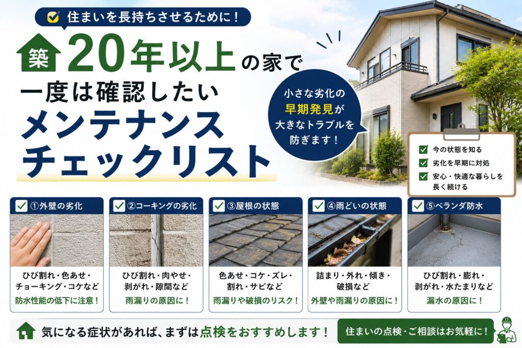 築20年以上の住宅で確認したい外壁・屋根・コーキング・雨どい・ベランダ防水の点検ポイントをまとめたチェックリスト。