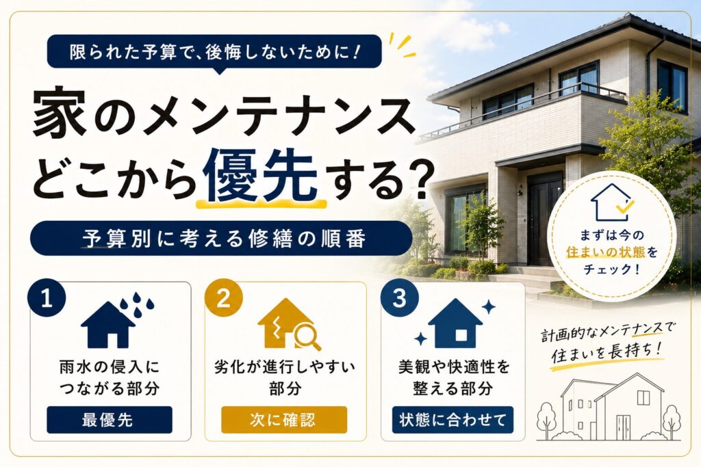 家のメンテナンスはどこから始めるべき？外壁・屋根・防水・内装など、限られた予算の中で修繕する際の優先順位の考え方を解説します。劣化を放置するリスクや、住まいを長持ちさせるためのポイントも紹介します。