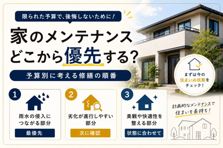 家のメンテナンスはどこから始めるべき？外壁・屋根・防水・内装など、限られた予算の中で修繕する際の優先順位の考え方を解説します。劣化を放置するリスクや、住まいを長持ちさせるためのポイントも紹介します。