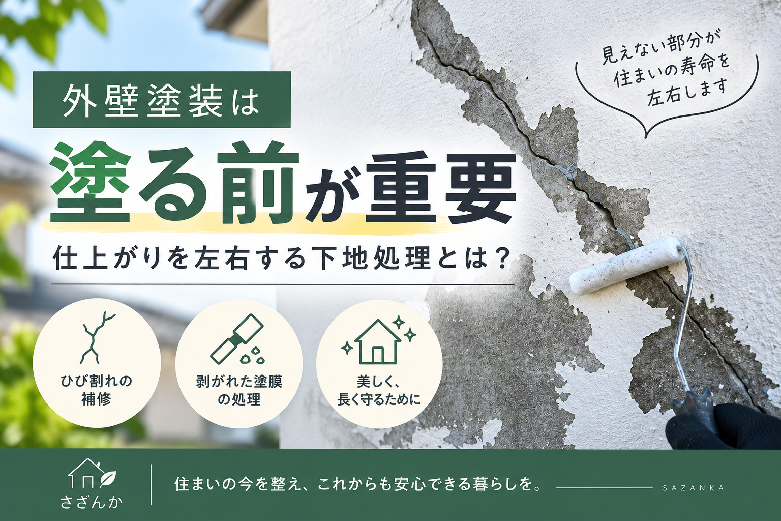 ひび割れや塗膜の剥がれがある外壁を施工している様子
