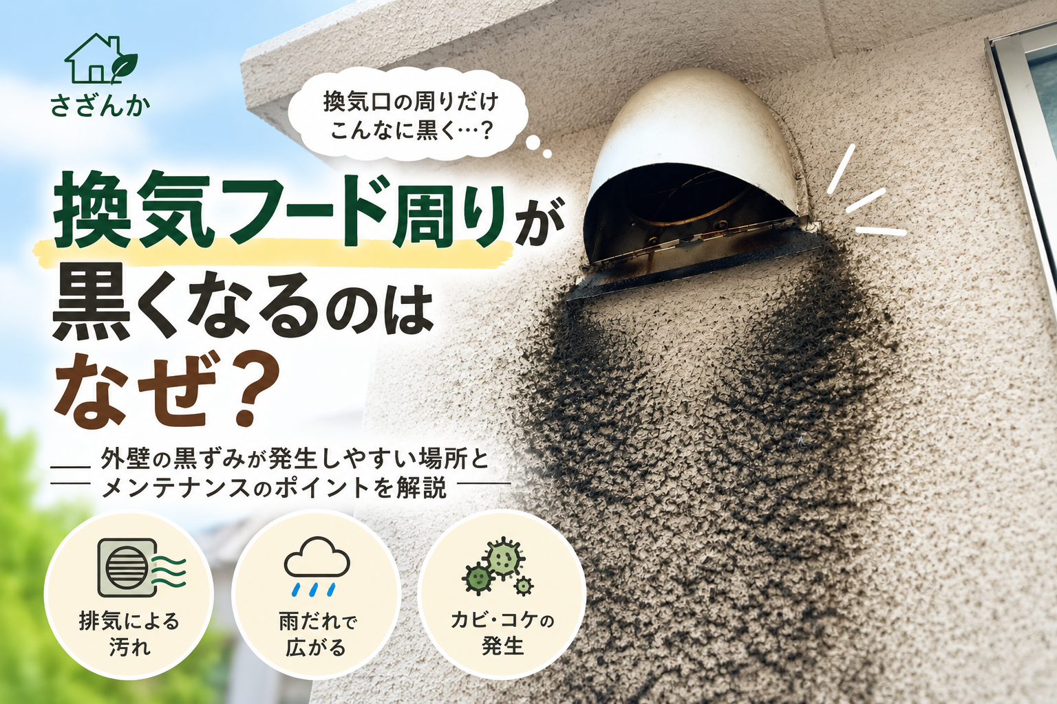 換気フード周りに黒ずみが発生した外壁と汚れの原因を解説する画像