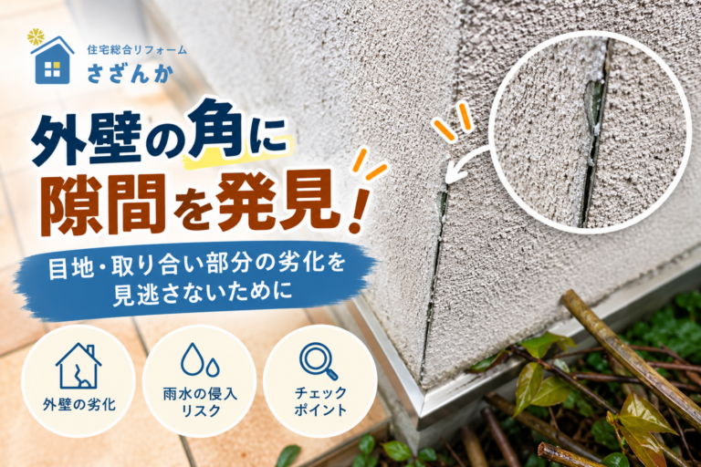 外壁の角にできた隙間と目地・取り合い部分の劣化を解説する画像