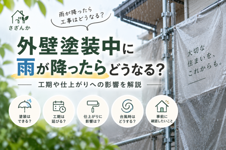 外壁塗装中に雨が降った場合の工期や仕上がりへの影響を解説する画像