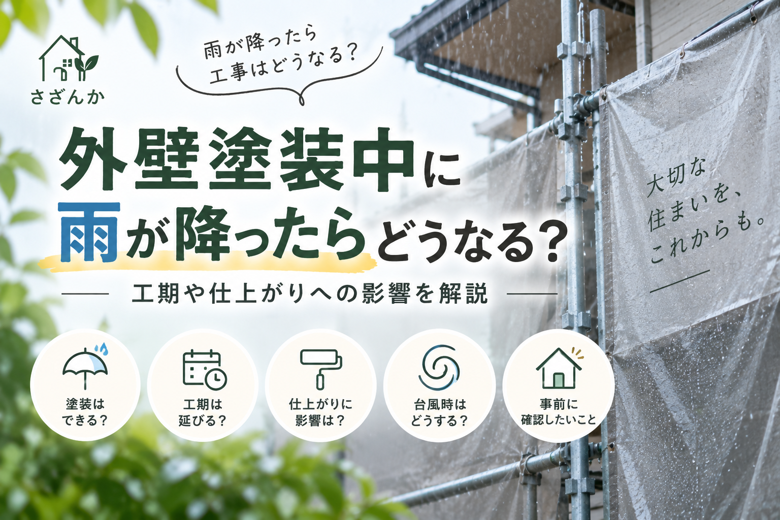 外壁塗装中に雨が降った場合の工期や仕上がりへの影響を解説する画像